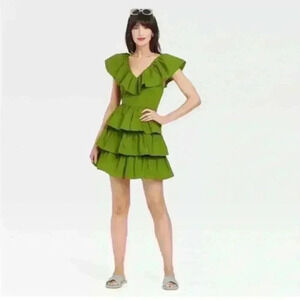 A NEW DAY-Mini Green Ruffle Dress Women's SZ XS  Multi Tiered Short Sleeve NWT